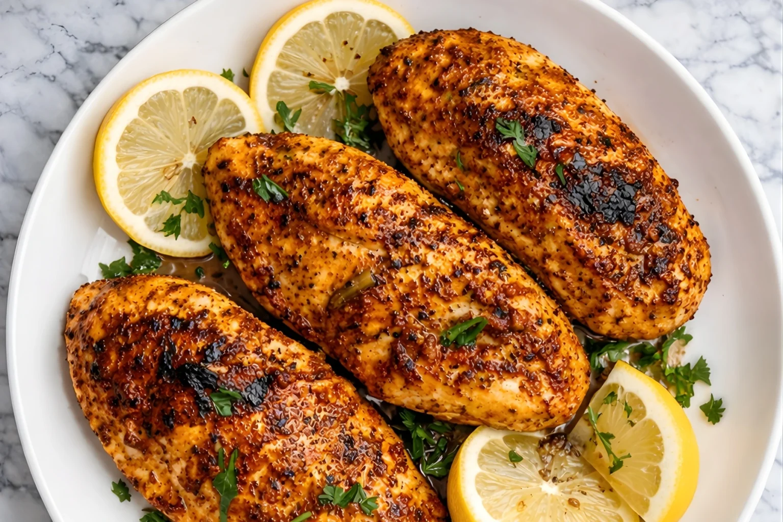 Spicy Cajun chicken breasts seared to perfection with herbs and lemon slices on a white plate