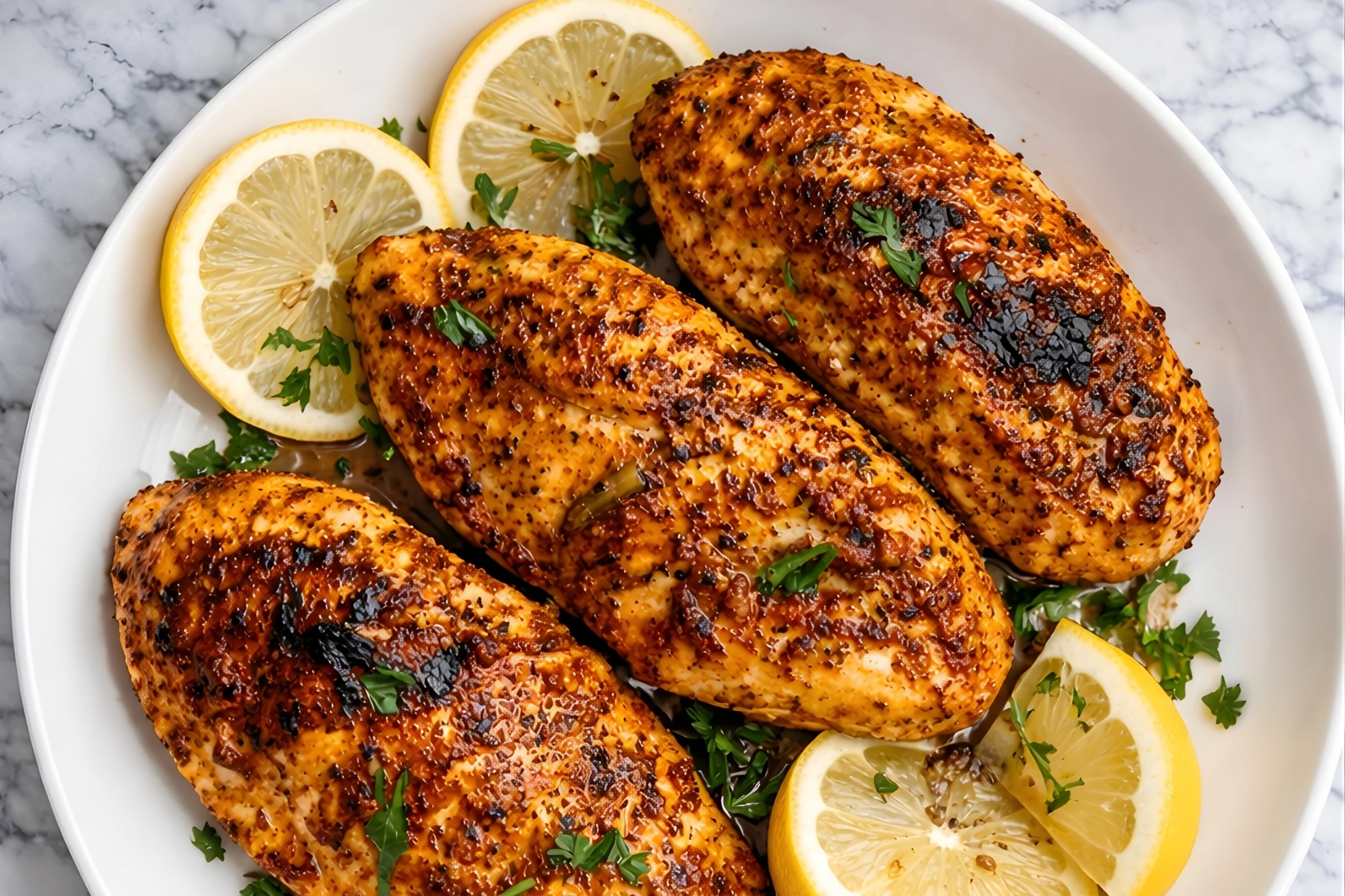 Spicy Cajun chicken breasts seared to perfection with herbs and lemon slices on a white plate