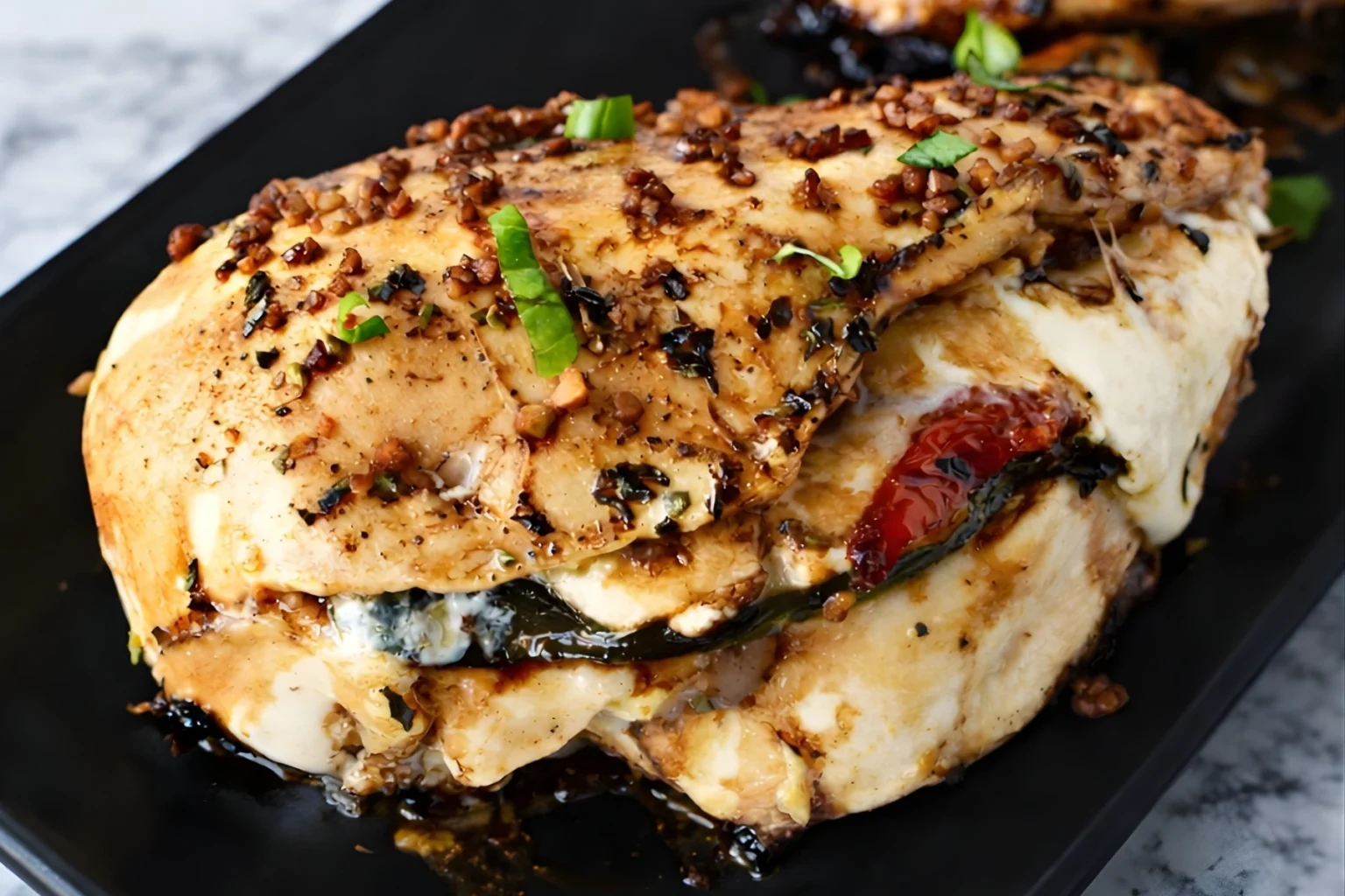 Caprese stuffed chicken breast filled with melted mozzarella, sun-dried tomatoes, and basil, topped with garlic and balsamic glaze on a black plate