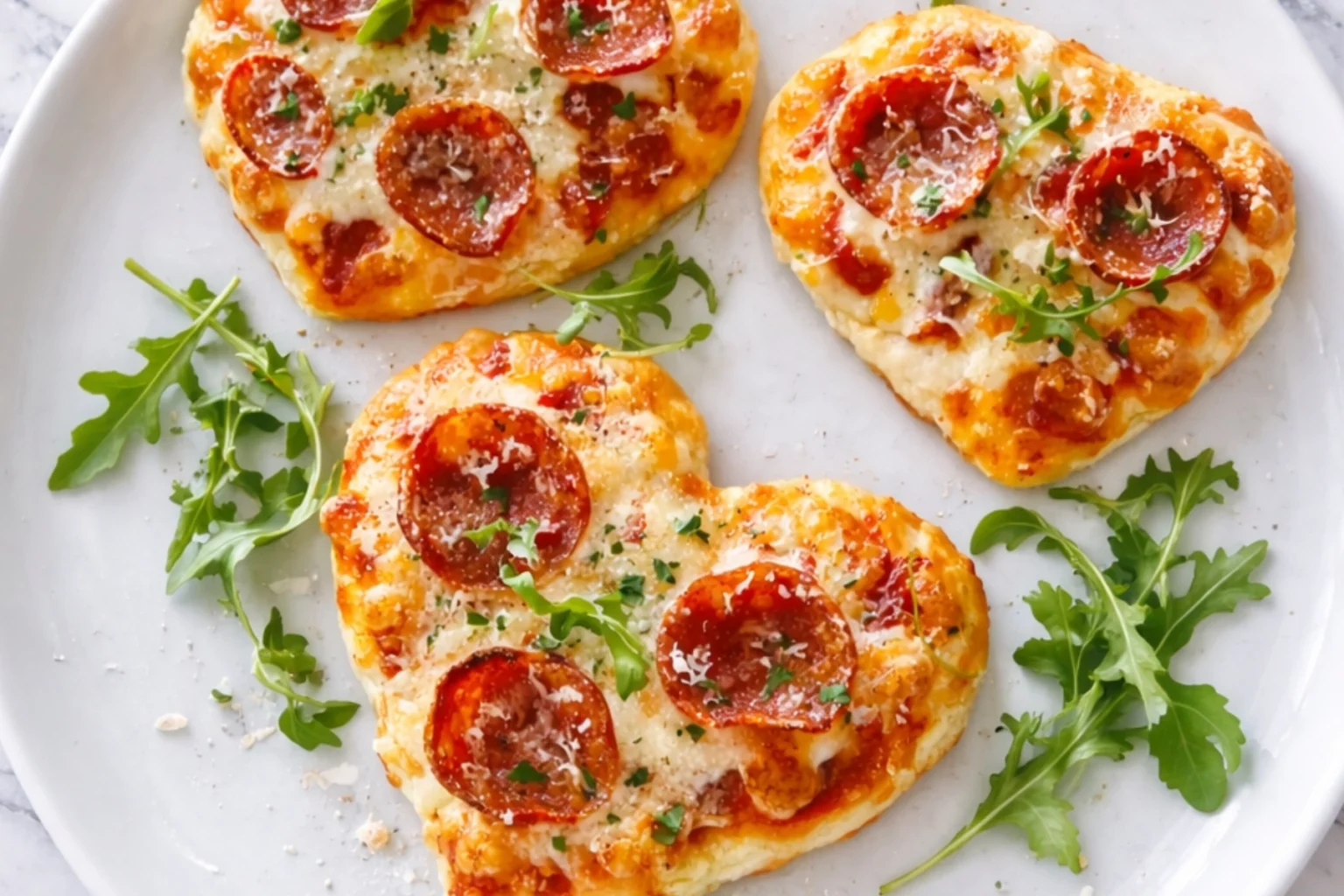 Mini Heart Shaped Pizzas with Pepperoni and Fresh Arugula