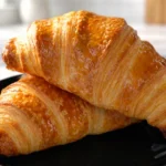 Close-up of two golden-brown croissants (Gipfeli), perfectly baked with a flaky, glossy crust, sitting on a black plate atop a marble countertop.
