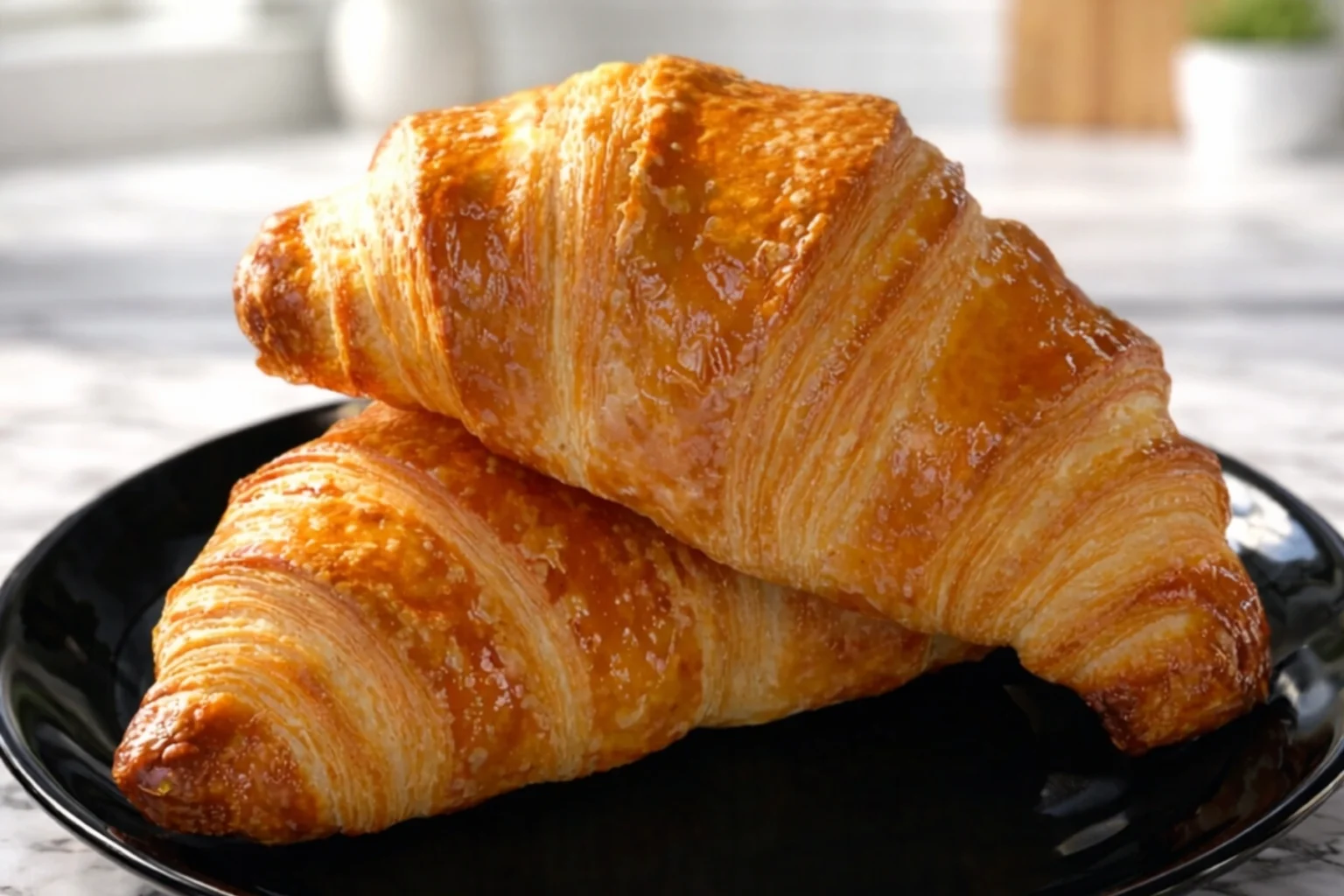 Close-up of two golden-brown croissants (Gipfeli), perfectly baked with a flaky, glossy crust, sitting on a black plate atop a marble countertop.