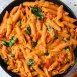 One pot red lentil pasta with creamy tomato sauce and spinach in a black bowl