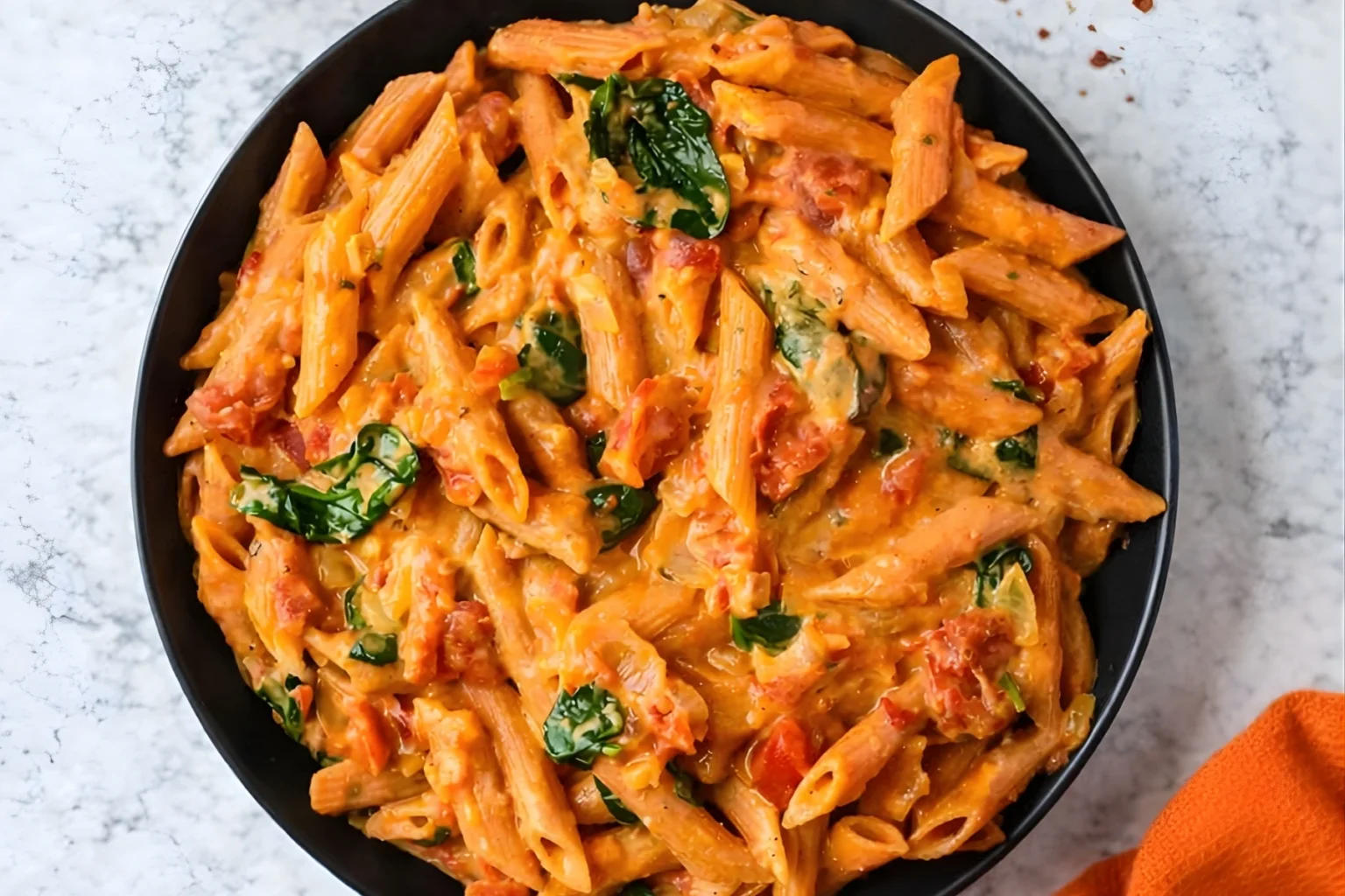 One pot red lentil pasta with creamy tomato sauce and spinach in a black bowl