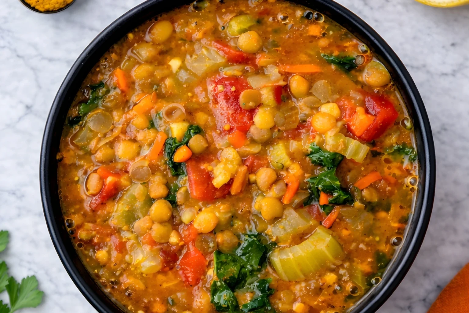 Instant Pot lentil soup with vegetables and kale in a bowl