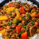 Beef and pepper rice bowl with colorful bell peppers over white rice
