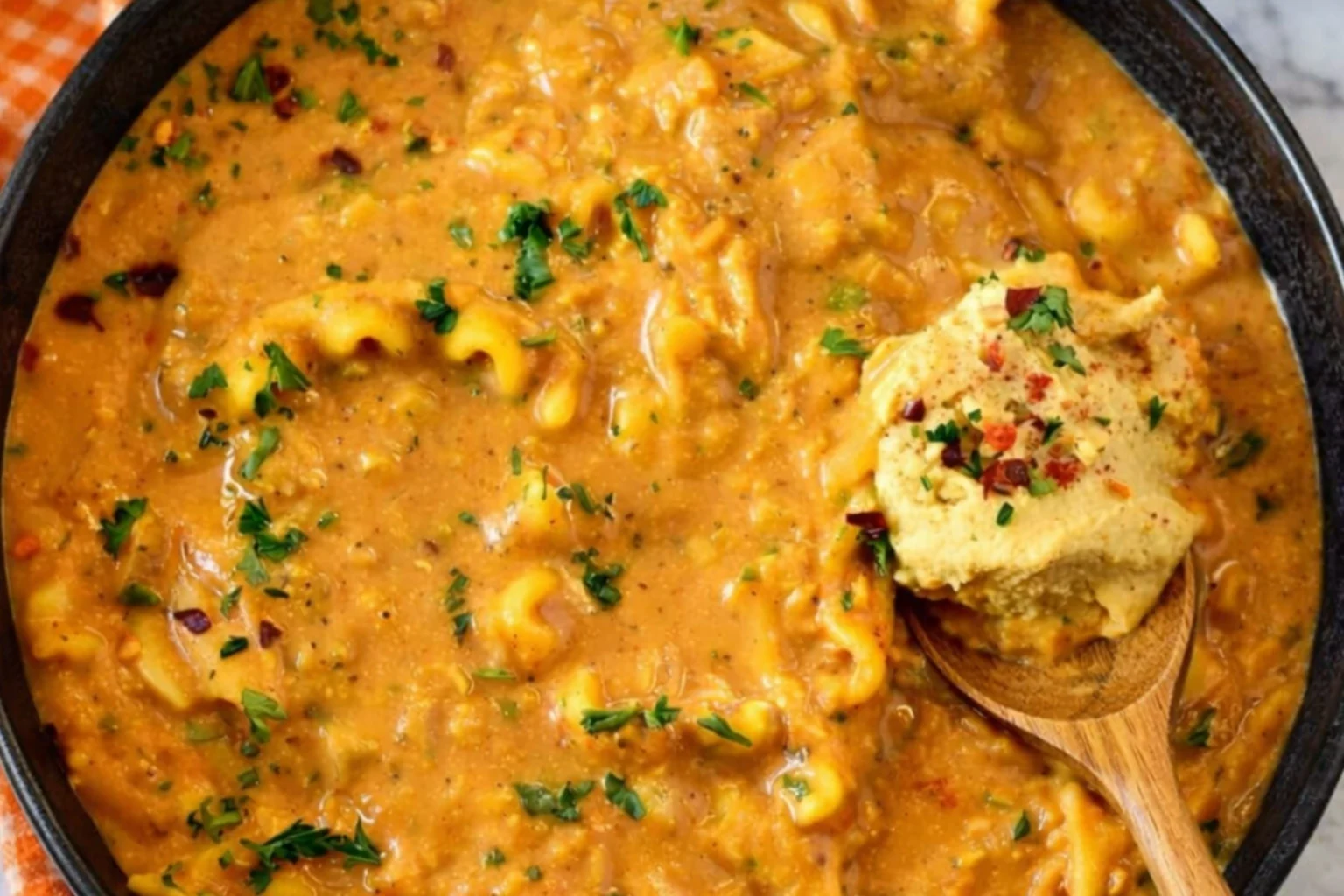 Creamy vegan lasagna soup in a skillet with pasta noodles and cashew cream topping