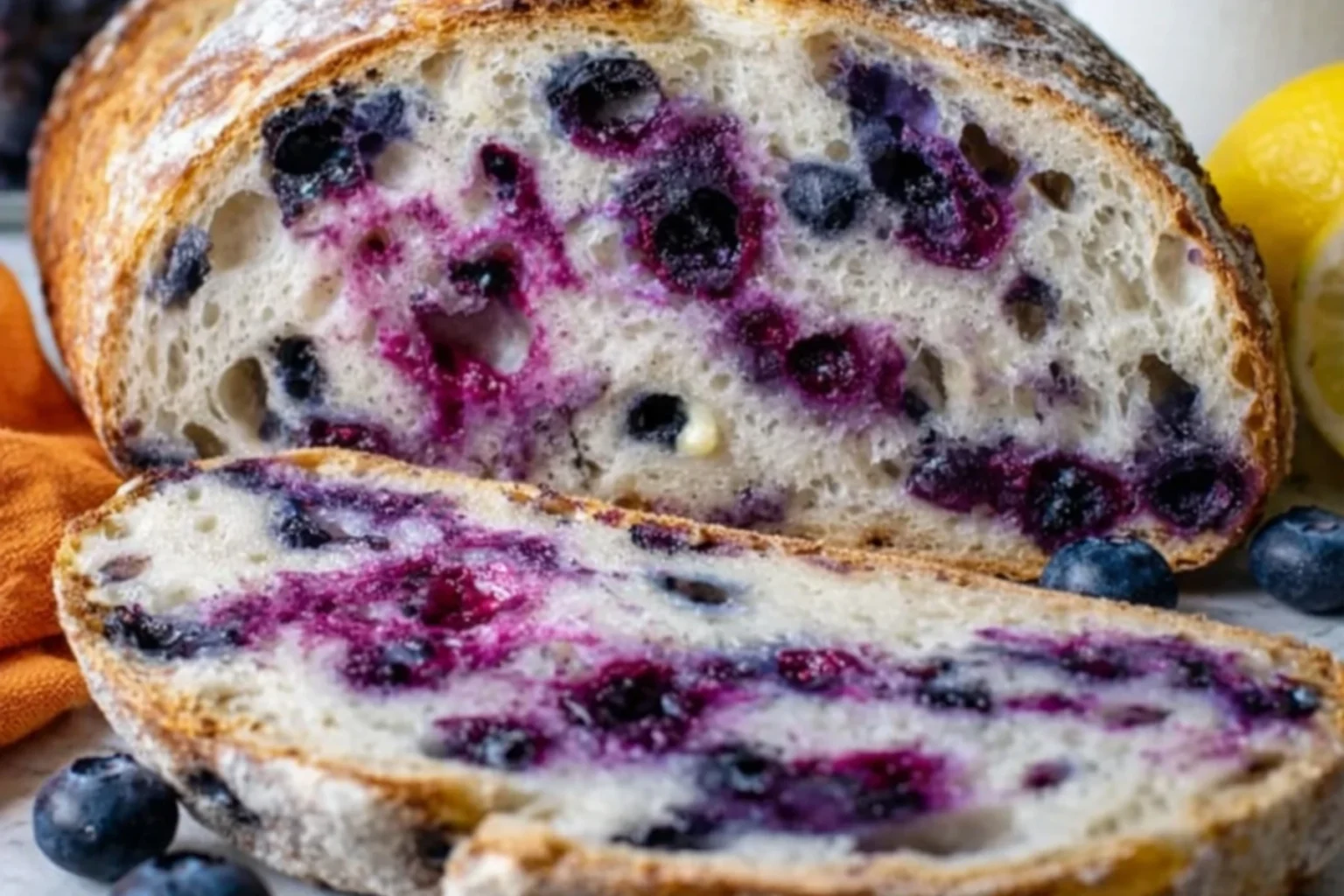 Homemade lemon blueberry sourdough bread sliced open revealing purple berry streaks and open crumb structure with lemons