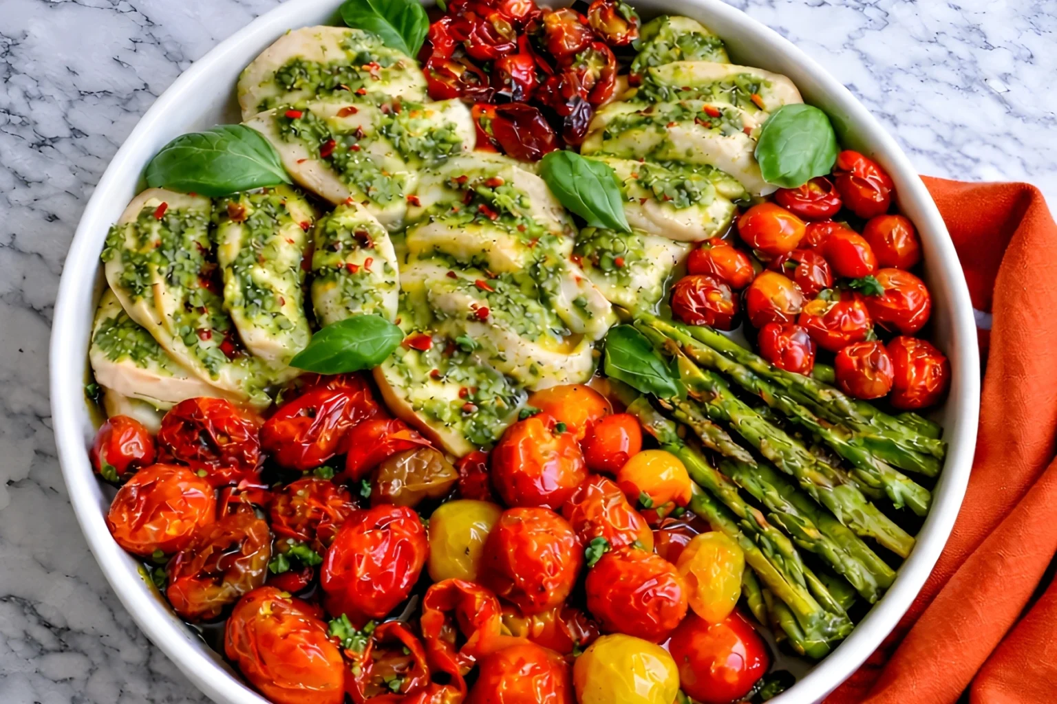 One pan pesto chicken with roasted cherry tomatoes and asparagus in a white dish