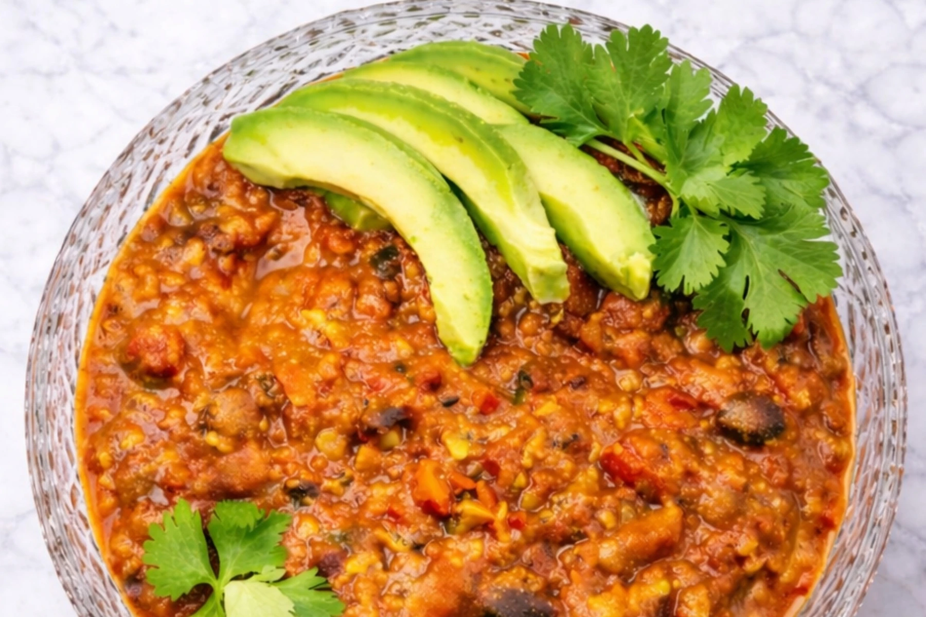 Crockpot Vegetarian Chili with Avocado and Cilantro