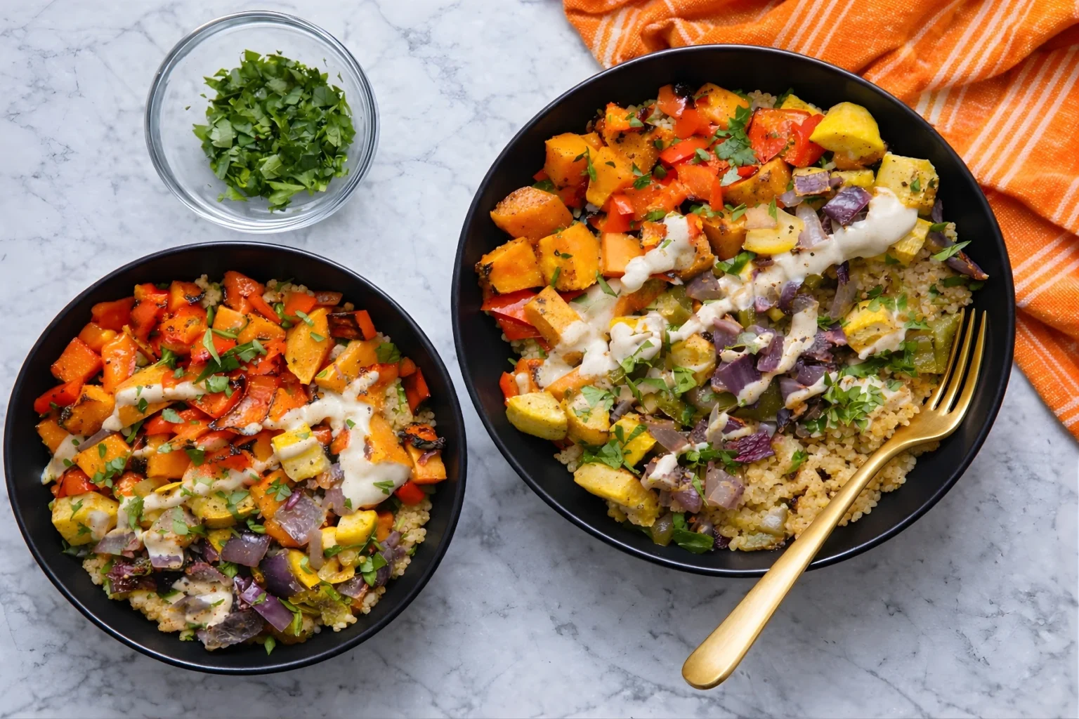 Roasted vegetable quinoa bowl topped with tahini sauce