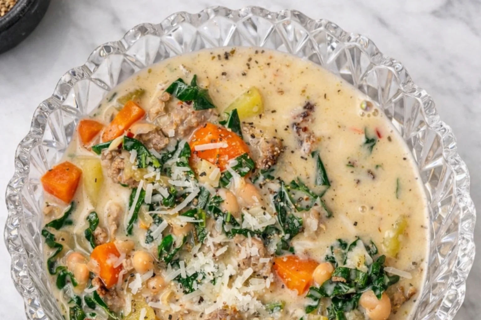 Italian sausage and white bean soup with kale carrots potatoes and parmesan in a creamy broth