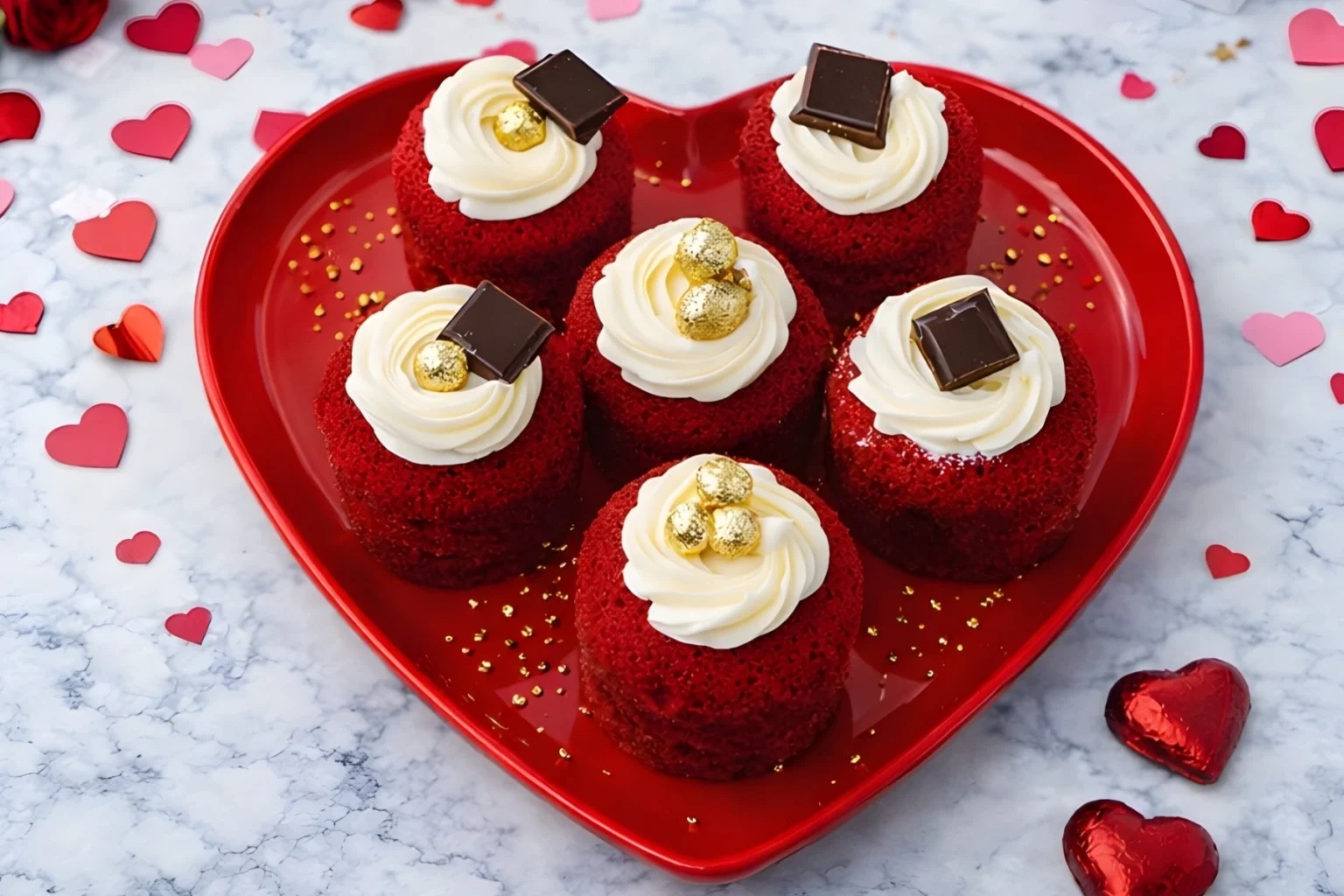 Red velvet cake minis with cream cheese frosting on heart plate