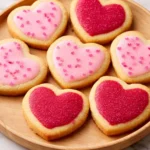 Slice and bake Valentine’s Day cookies with pink and red heart centers arranged on a wooden plate