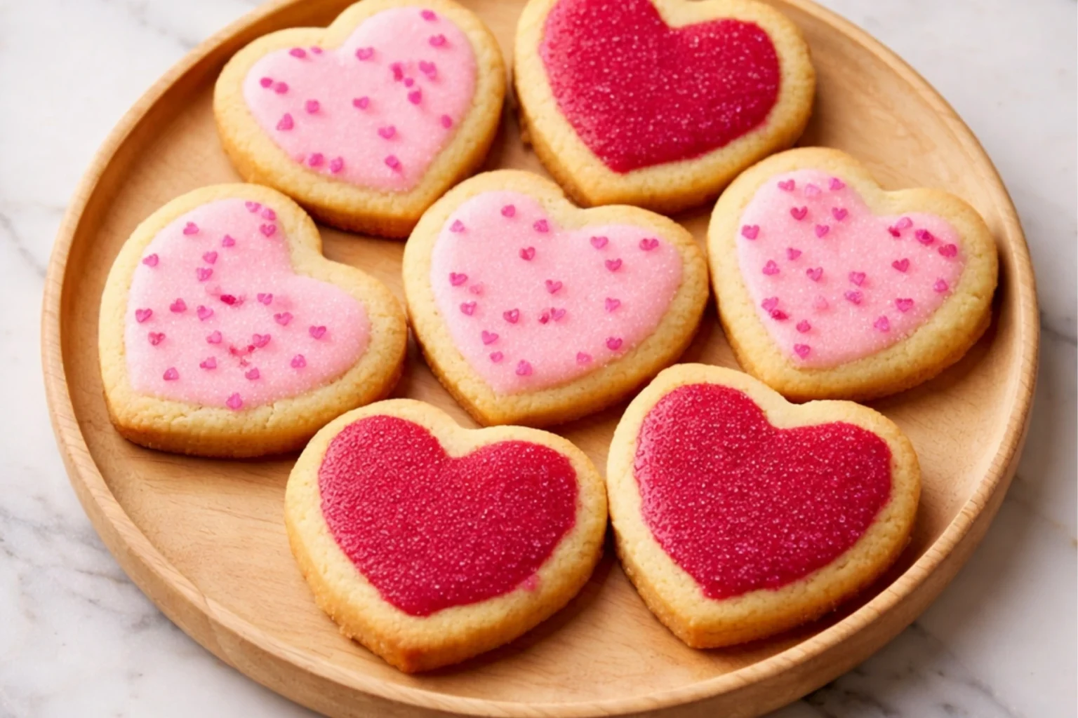 Slice and bake Valentine’s Day cookies with pink and red heart centers arranged on a wooden plate