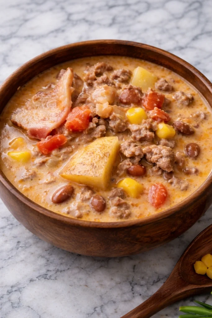 Creamy cowboy soup served in a wooden bowl with ground beef beans corn potatoes and bacon on a marble surface