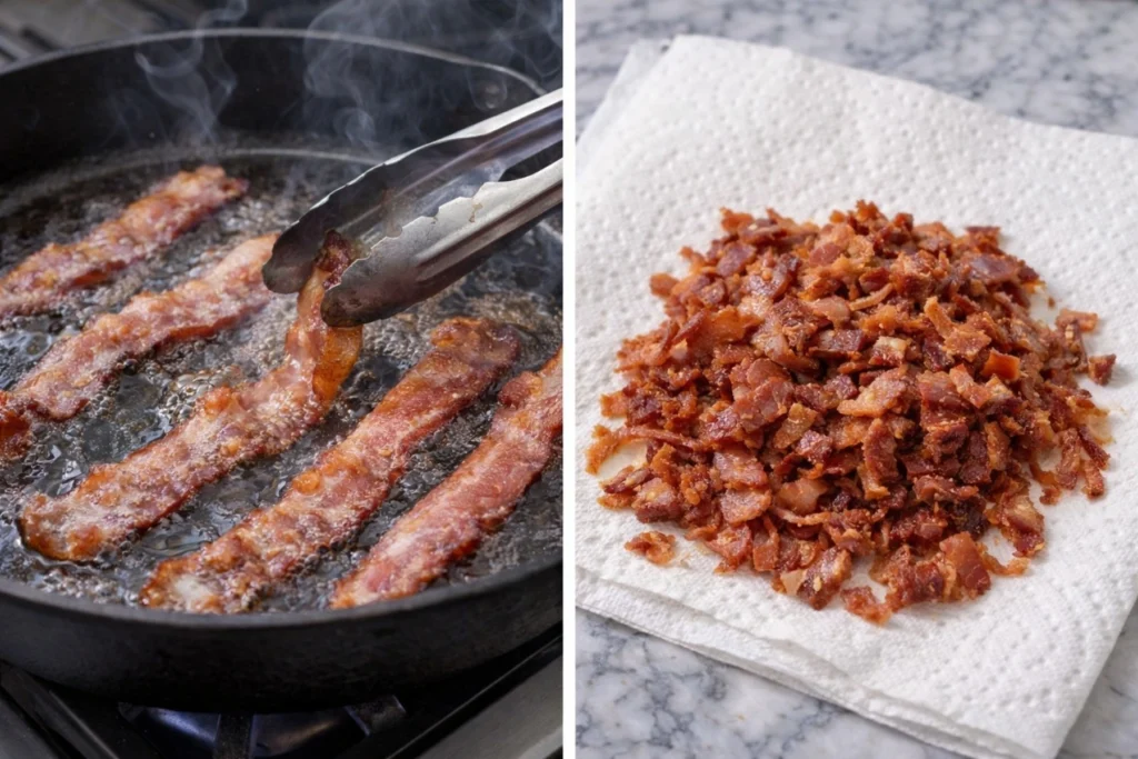 Crispy bacon slices cooking in a skillet and chopped bacon draining on paper towel for creamy cowboy soup