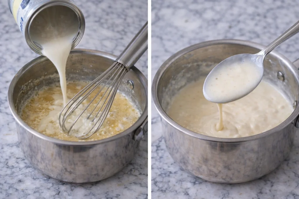 Whisking evaporated milk into roux in saucepan and showing thickened creamy soup base on spoon
