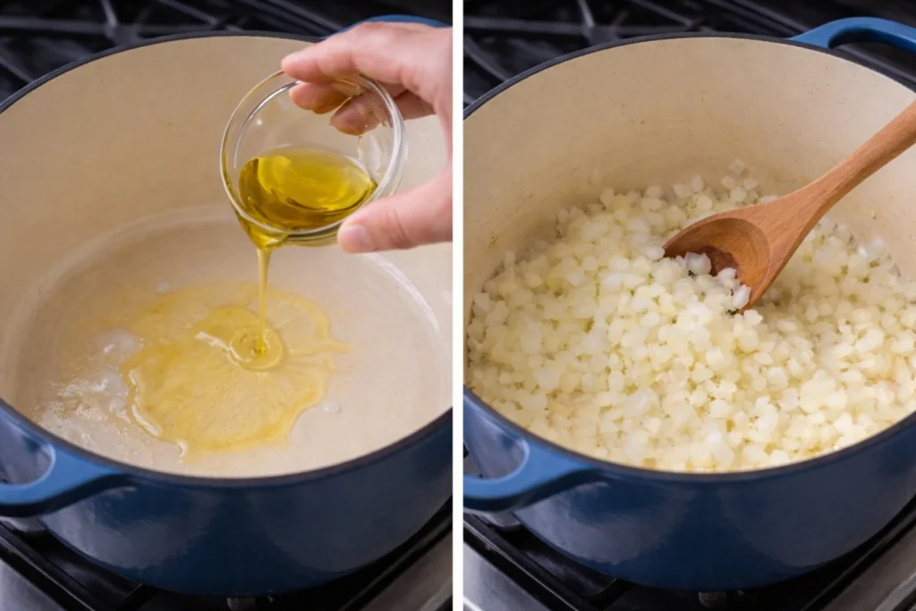 Pouring olive oil and sautéing diced onions in a Dutch oven for creamy cowboy soup