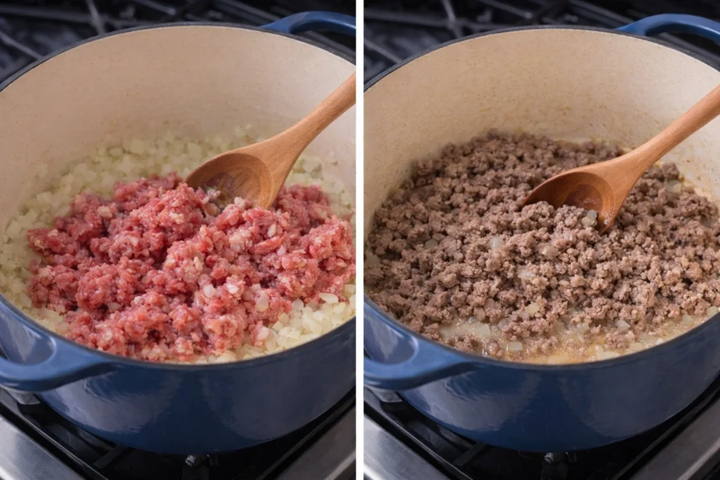 Raw and cooked ground beef with onions in a Dutch oven for creamy cowboy soup