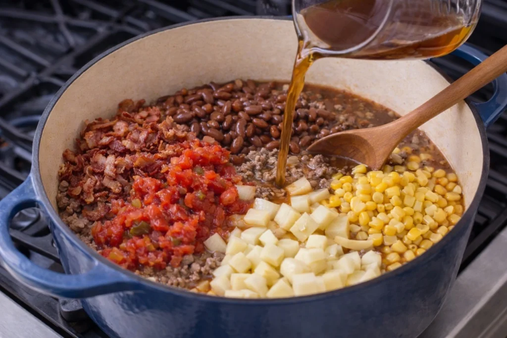 Pouring beef broth into Dutch oven with bacon tomatoes beans corn and potatoes for cowboy soup