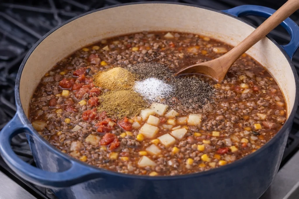 Spices added to cowboy soup with beef tomatoes potatoes and corn