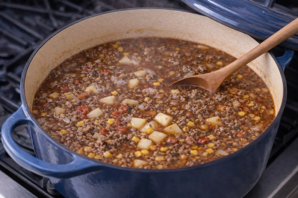 Cowboy soup simmering with beef potatoes corn and tomatoes