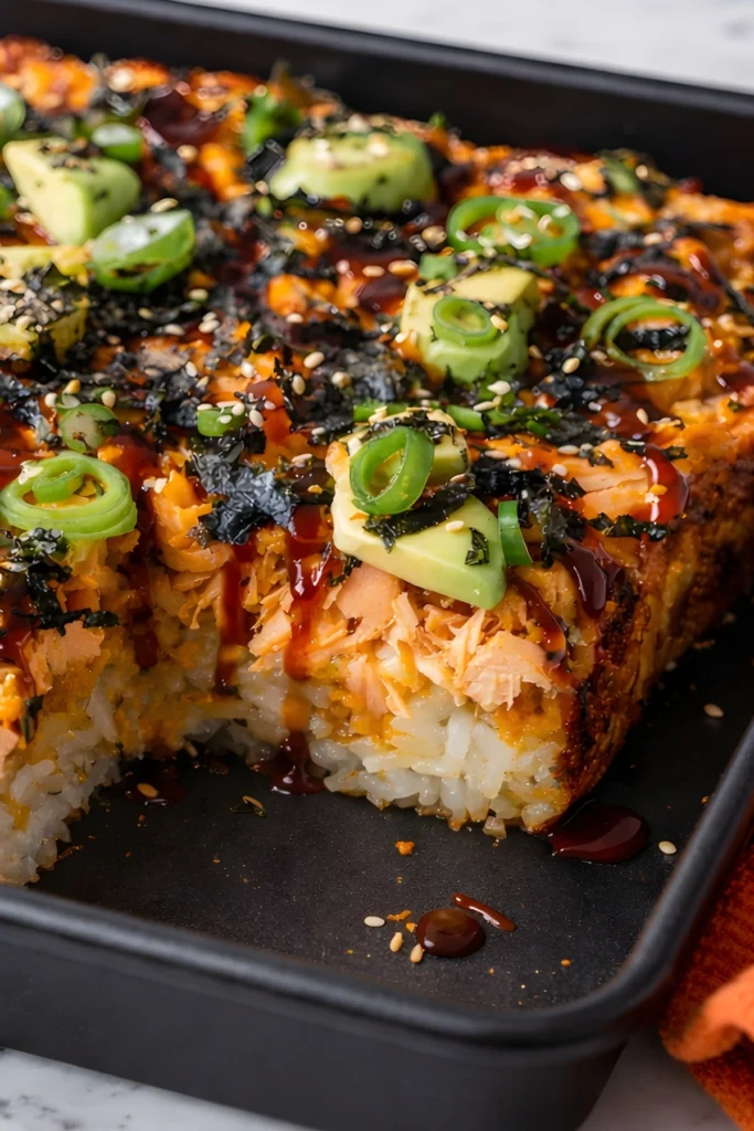Close up of spicy salmon sushi bake showing rice layer, flaked salmon, and toppings with sauce drizzle