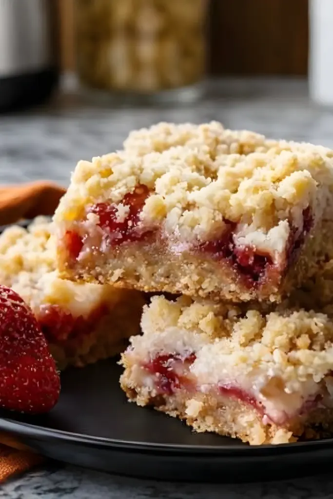 Lemon strawberry crumb bars with creamy lemon layer and strawberry filling