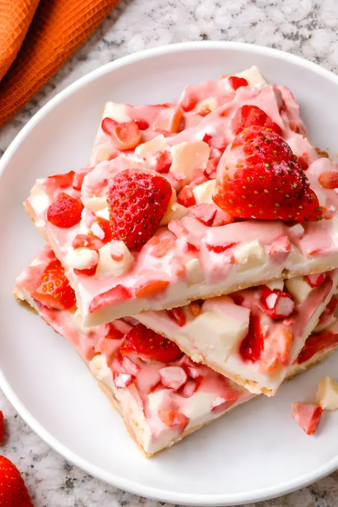 Yogurt strawberry bark bites topped with chopped strawberries and white chocolate pieces on a white plate