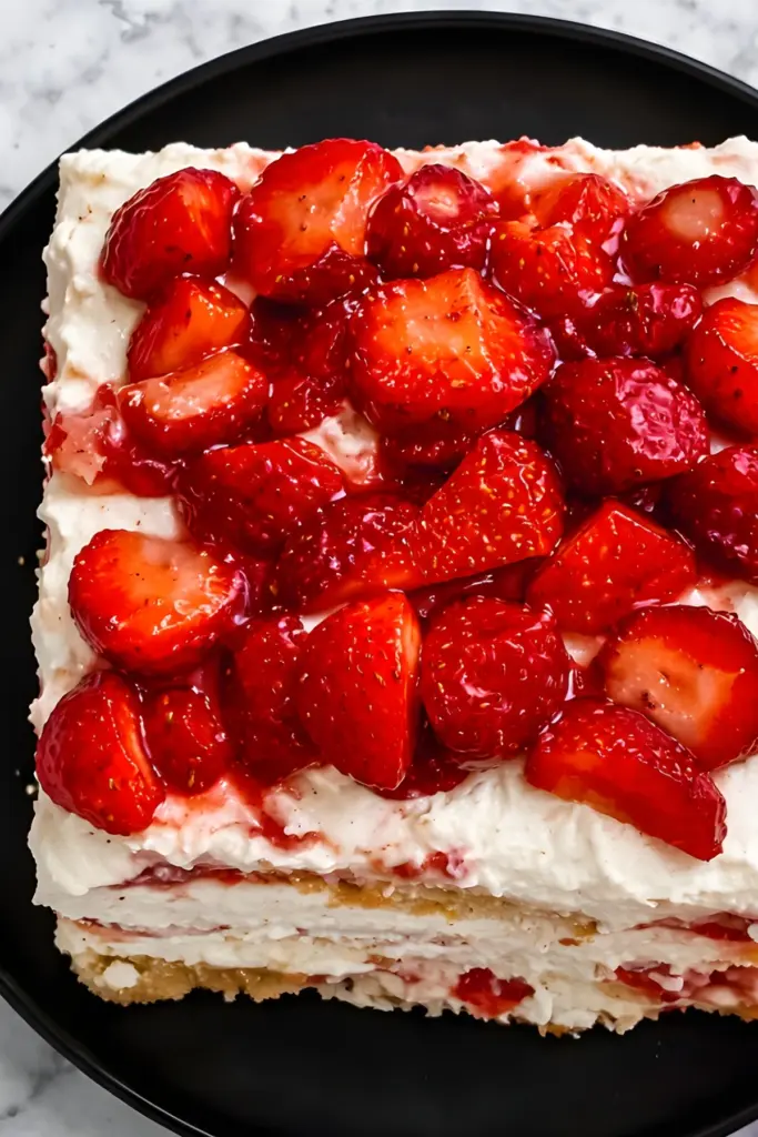 Top view of strawberry cream cheese icebox cake with fresh glazed strawberries and whipped layers