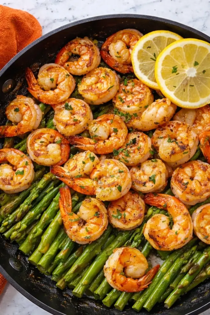 Lemon garlic shrimp with roasted asparagus in a black skillet topped with fresh lemon slices and parsley