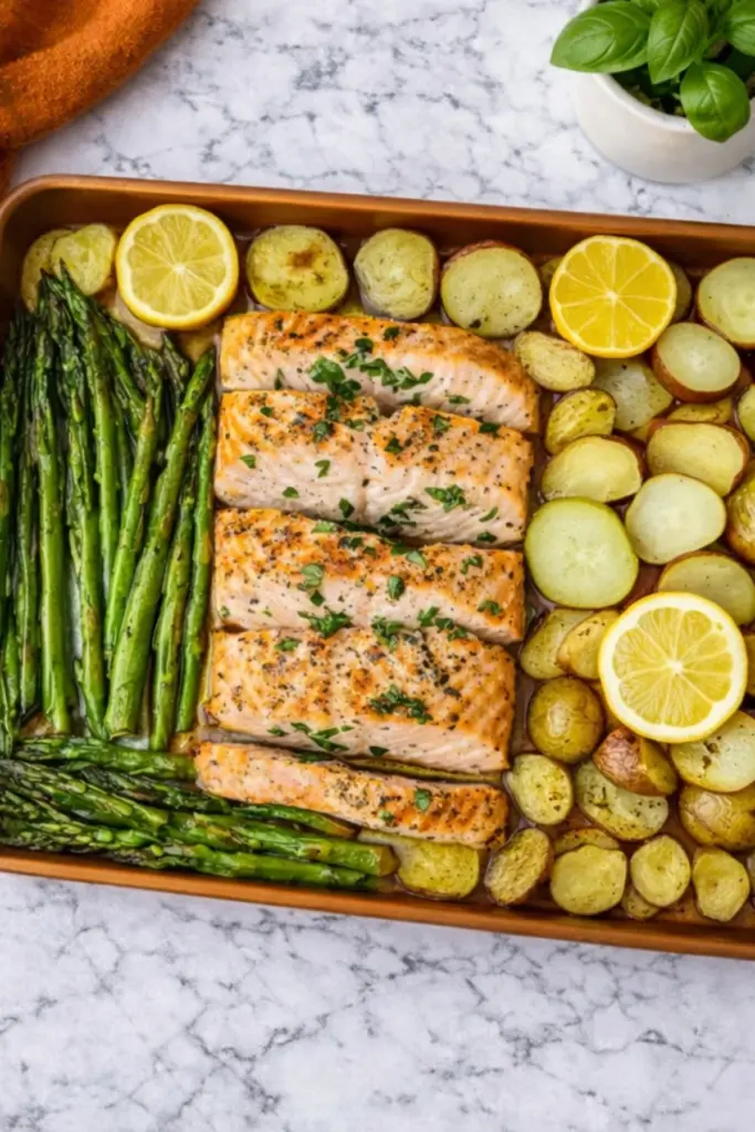 Sheet pan salmon with roasted asparagus, baby potatoes, and fresh lemon slices on baking tray
