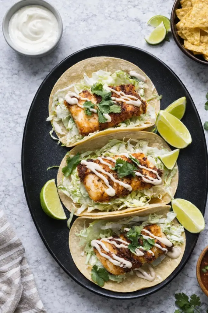 Three crispy fish tacos with cabbage slaw, creamy sauce, and cilantro on corn tortillas with fresh lime wedges on black plate