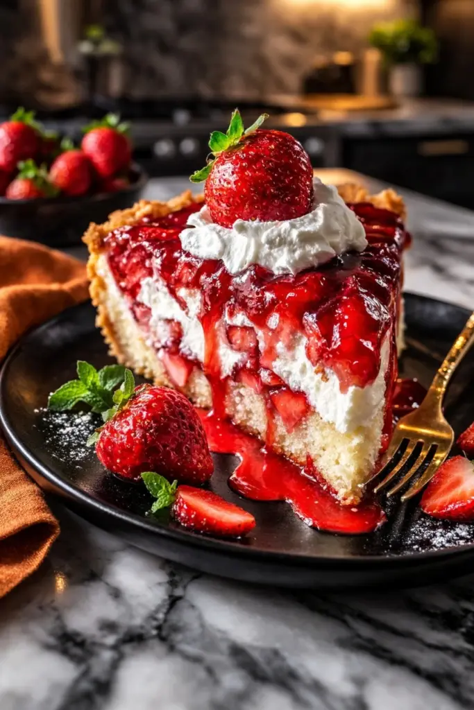 Strawberry Earthquake Cake slice topped with whipped cream and fresh strawberries with glossy strawberry sauce on a black plate