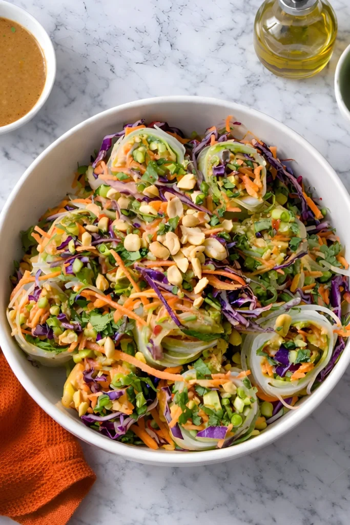 Spring roll salad in a white bowl with rice noodles, shredded vegetables, chopped peanuts, and creamy peanut dressing on a marble background