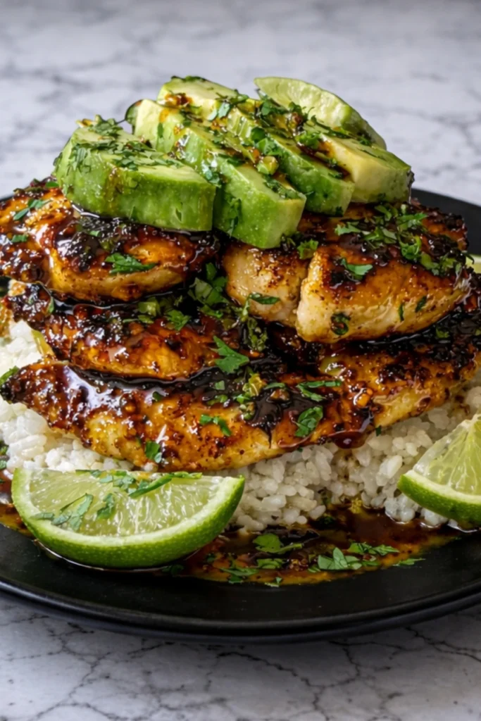 Tangy honey lime chicken glazed in a sticky sauce served over white rice with avocado slices cilantro and fresh lime wedges