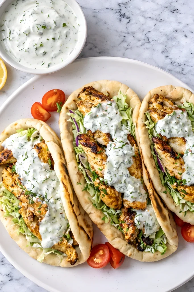 Sheet Pan Chicken Pitas with Herby Ranch drizzle on marble countertop with bowl of sauce and lemon