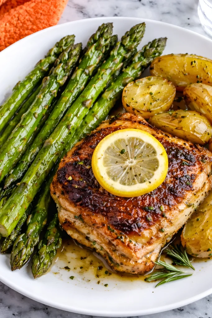 Close-up of lemon herb chicken thighs with asparagus and golden baby potatoes on a white plate