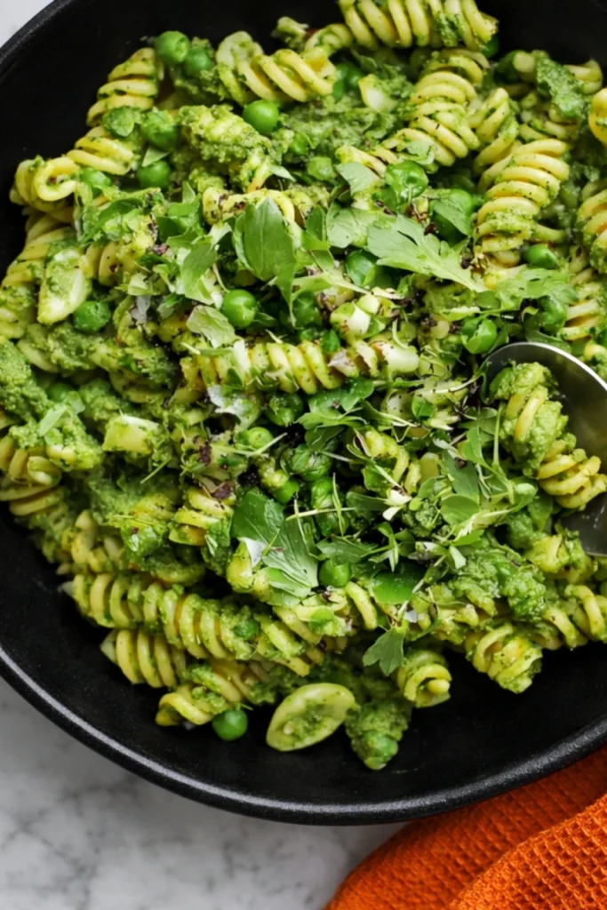 Spring pea pesto pasta with rotini and herbs served in a black bowl on marble background