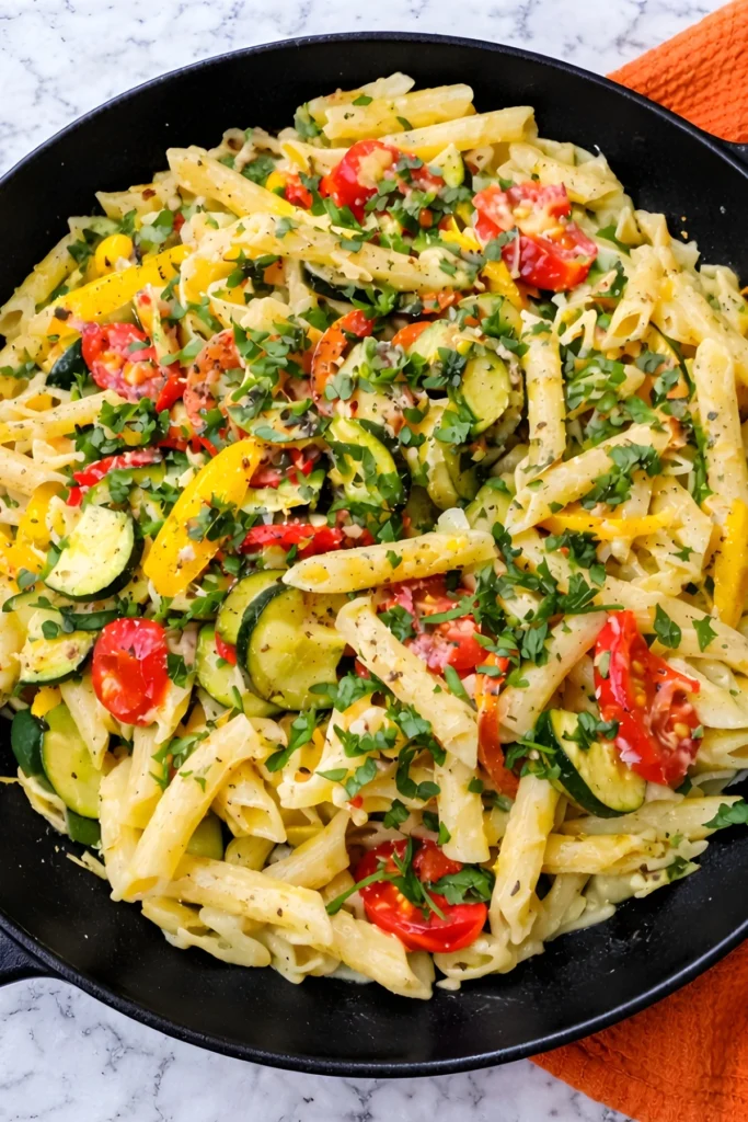 Creamy pasta primavera with penne, zucchini, cherry tomatoes, yellow bell peppers, and parsley in a black skillet