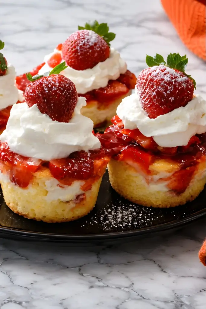 Strawberry shortcake cups with macerated berries and cream closeup