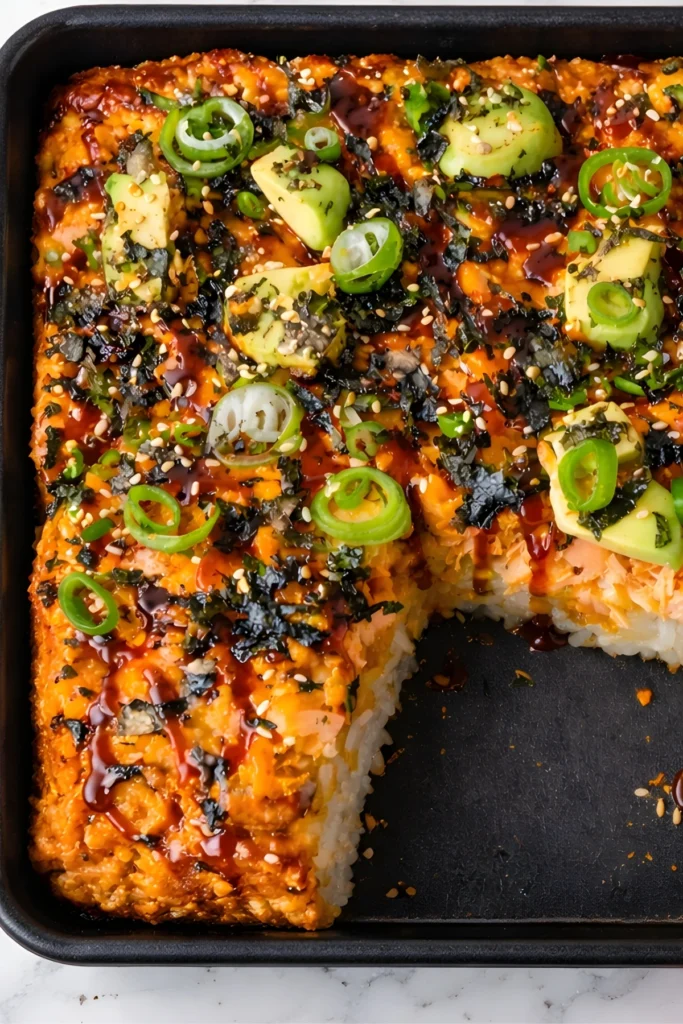 Spicy salmon sushi bake in black baking dish with avocado, green onions, sesame seeds and one slice removed