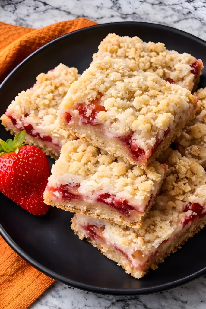 Lemon strawberry crumb bars with buttery crumble topping on black plate