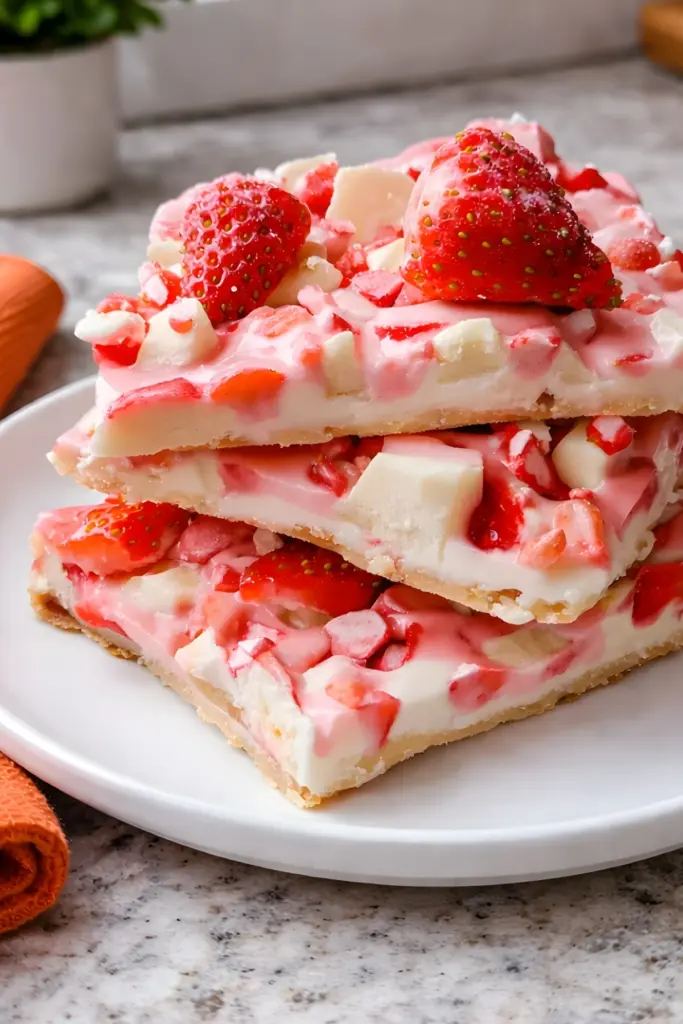 Stacked yogurt strawberry bark bites with chunks of white chocolate and fresh strawberries on a white plate