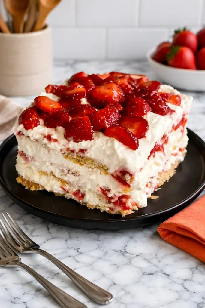 Layered strawberry cream cheese icebox cake topped with fresh strawberries on a black plate