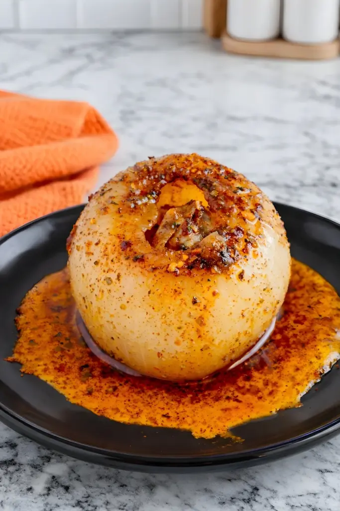 Roasted onion boil with butter and cajun seasoning on black plate in modern kitchen