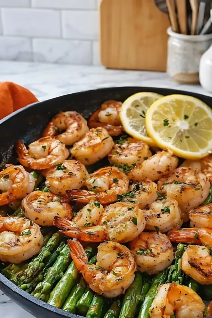 Close-up of lemon garlic shrimp and asparagus in a black skillet topped with fresh lemon slices and chopped parsley