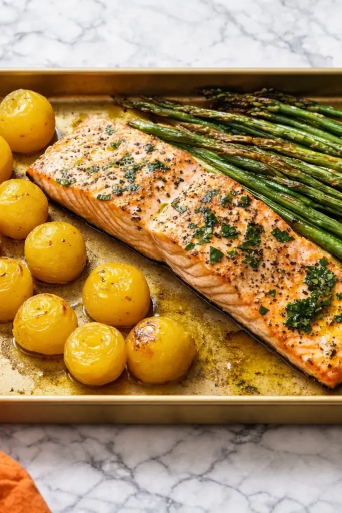 Close up of sheet pan salmon with roasted asparagus and golden baby potatoes