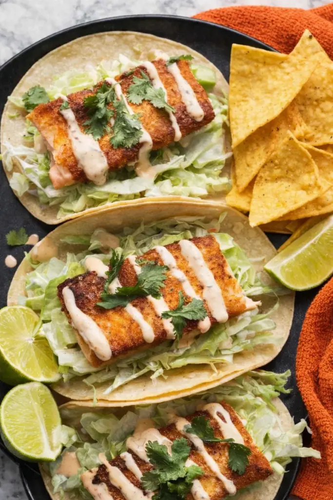Crispy spiced fish tacos with cabbage slaw drizzled with creamy sauce on corn tortillas served with lime wedges and chips